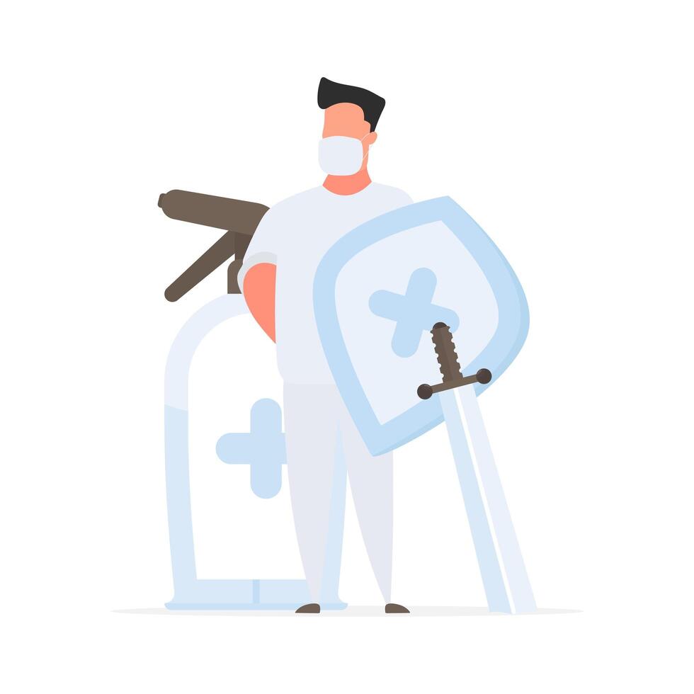 Medic girl in a white suit with a shield and a sword. Female doctor in a medical mask holds a nebulizer. Disinfectant in flat style. Vector. vector