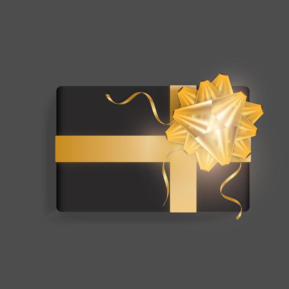 Black gift box with gold ribbon bow. Beautiful realistic gift box template for birthday, Christmas, new year design. Top view vector illustration
