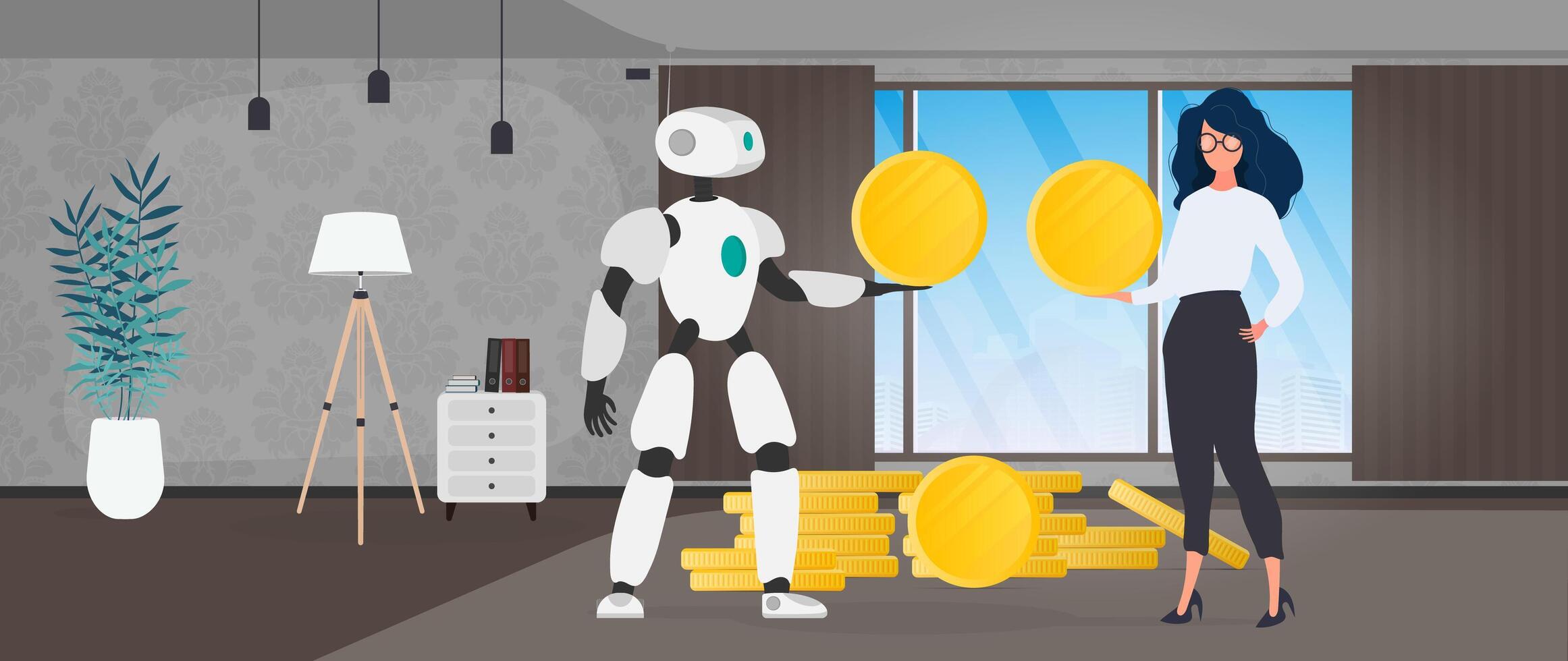 The robot gives a gold coin to the girl. The robot brings profit to the business. Vector. vector