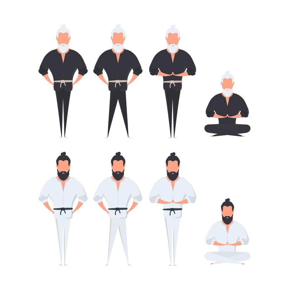 A set of Kung Fu Masters. A man in a black kimono meditates. The guy is doing yoga. Vector. vector