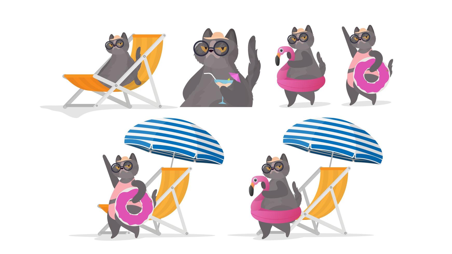 Set of funny cat stickers with a pink circle for swimming. Deckchair, umbrella. Cat in glasses and a hat. Good for stickers, cards and t-shirts. Funny banner on the theme of summer. Vector. vector