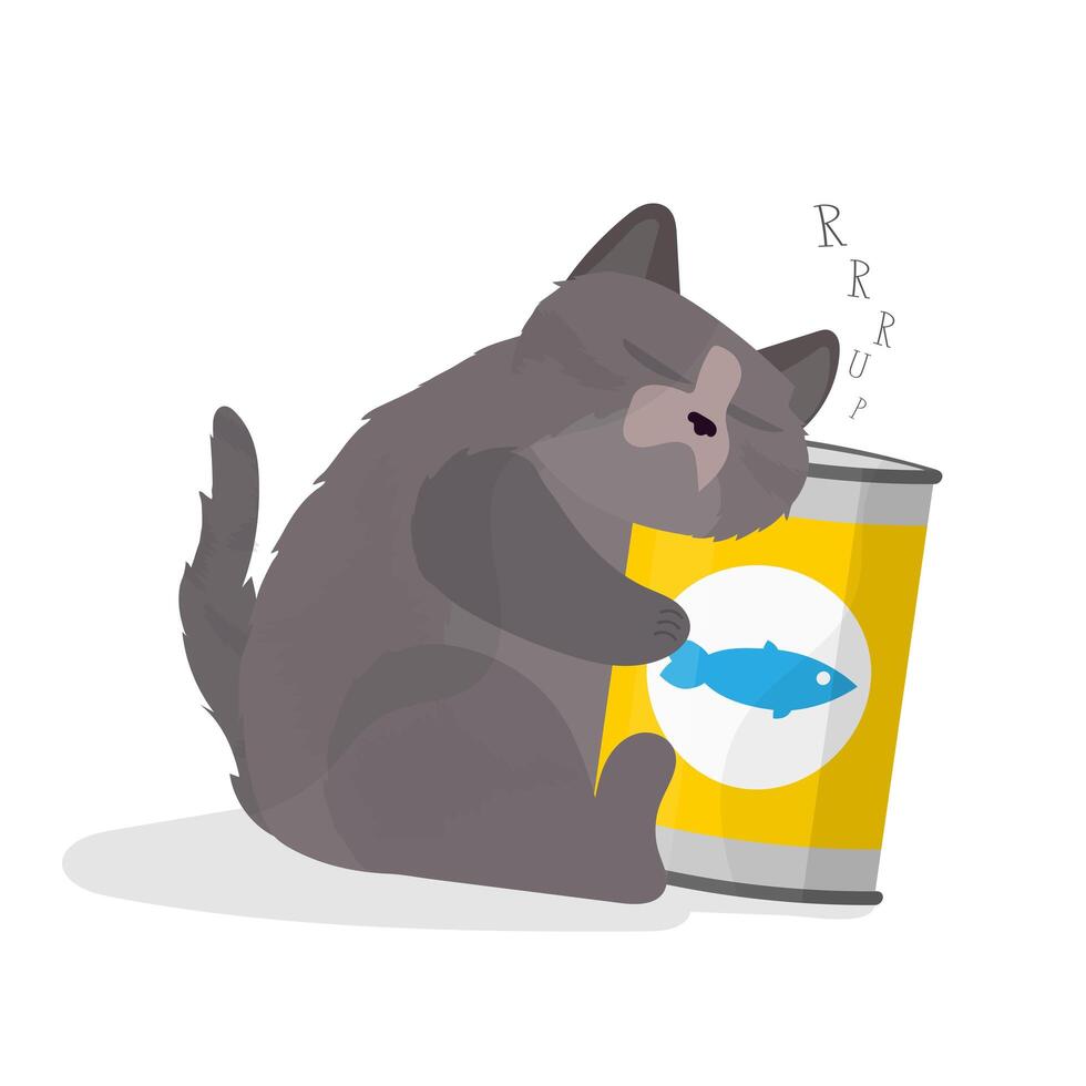 Funny chubby cat hugs a jar of food. Satisfied cat sticker. Good for postcards, t-shirts, positive themes. vector