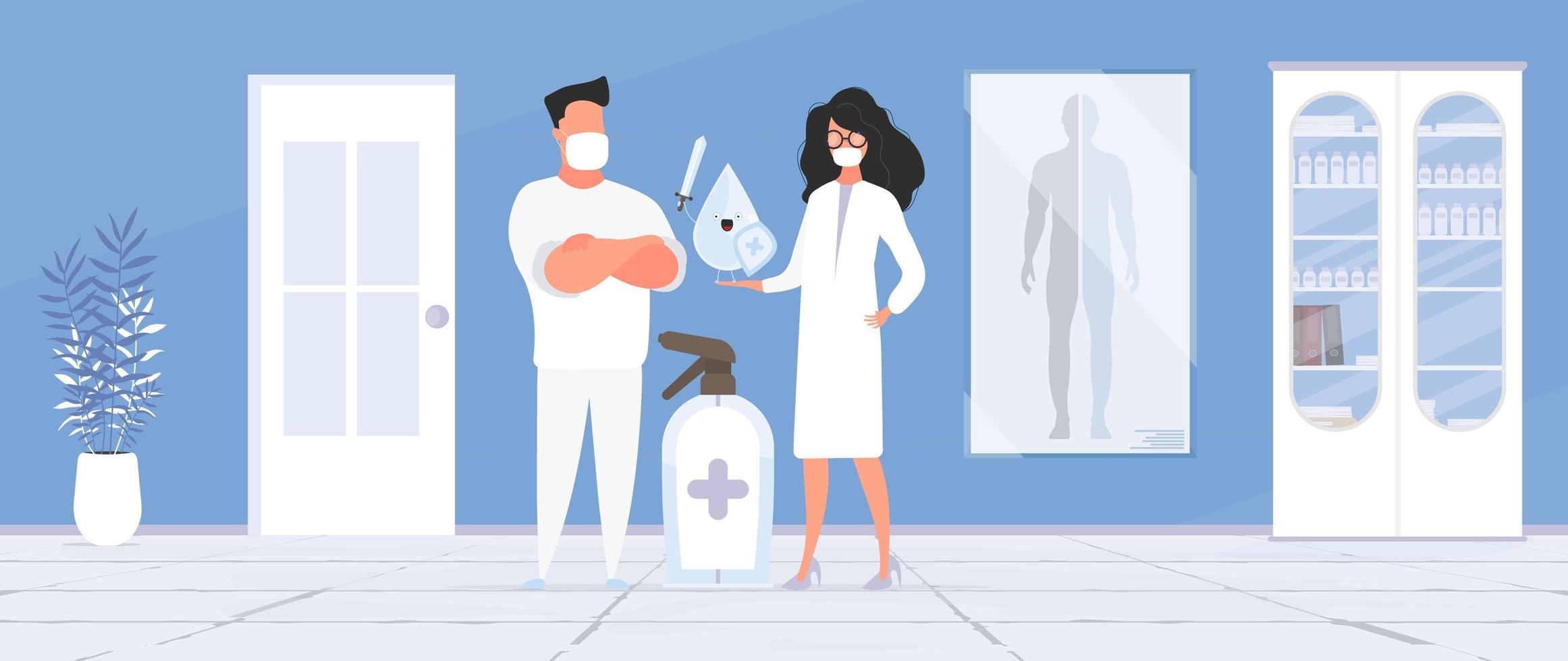 Man and Girl doctor. Medics in medical masks. Spray bottle. Medical office. Doctor's office. Cabinet, medicines. Vector. vector