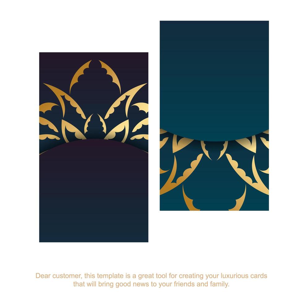 Gradient blue business card with gold mandala ornament for your personality. vector
