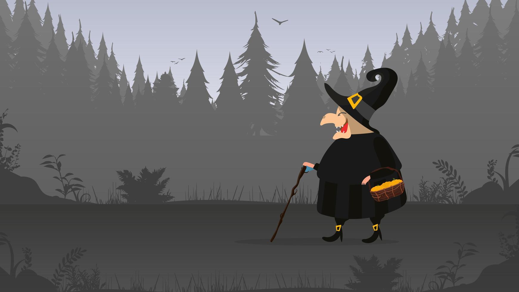 A witch in a black robe walks through the forest. Witch with a hat. Suitable for Halloween-themed designs. Isolated. Vector. vector
