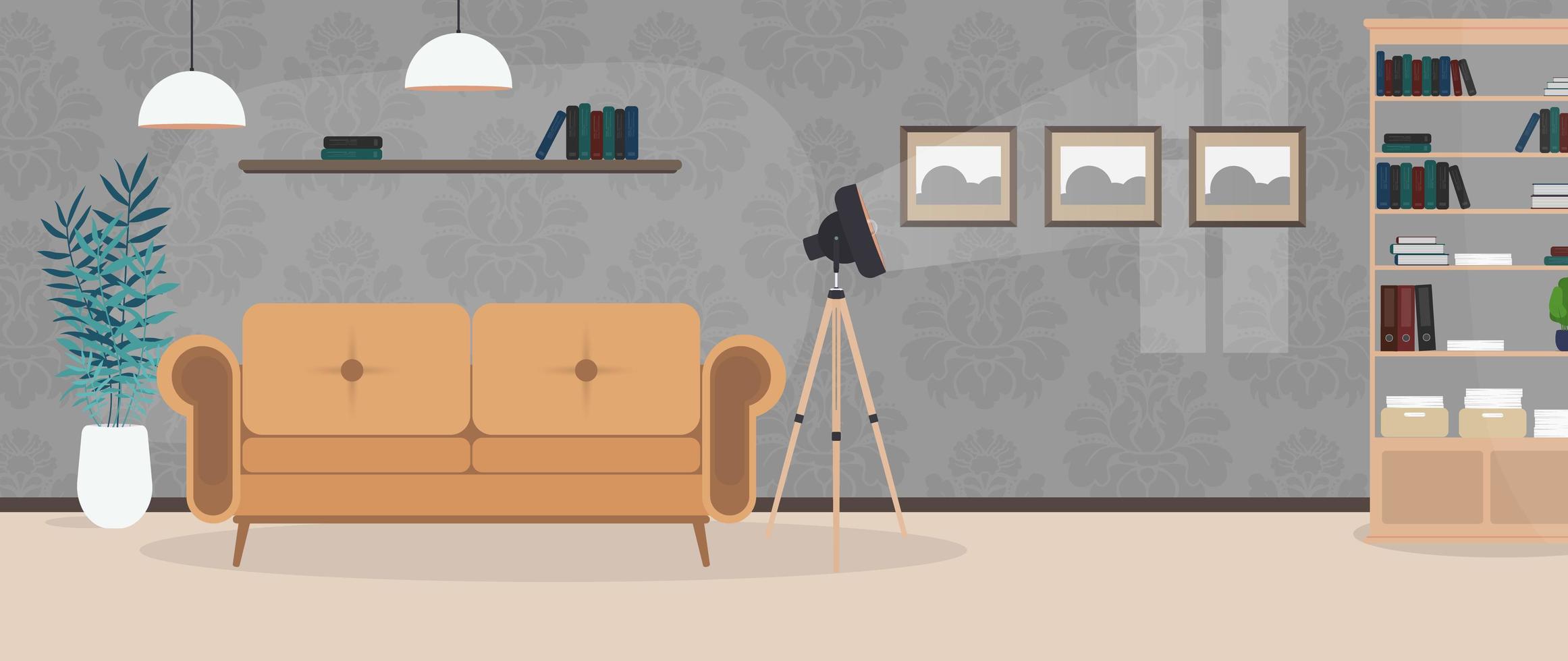 The room is made in dark colors. A lazy stylish sofa, a floor lamp, a houseplant in a white pot. Gray wallpaper with a pattern. Vector. vector