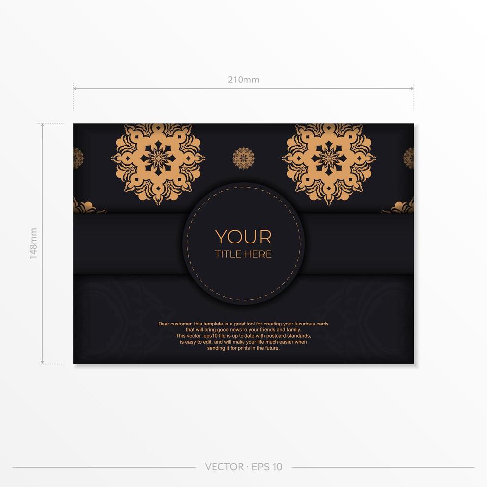 Ready-made invitation card design with abstract vintage ornament. Black gold luxurious colors. Can be used as background and wallpaper. vector