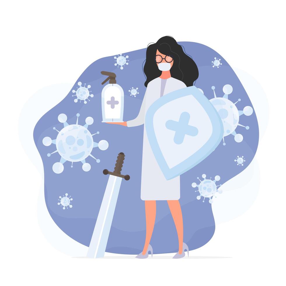 chica médico en un traje blanco con un escudo y una espada. una doctora con una máscara médica sostiene un nebulizador. desinfectante en estilo plano. vector. vector