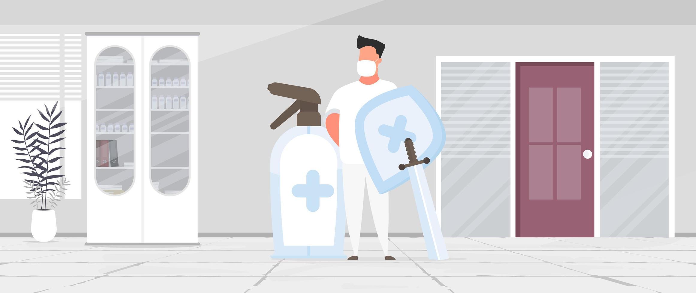 A medic in a white suit with a shield and a sword. Doctor in a medical mask. Medical office. Doctor's office. Cabinet, medicines. Vector. vector