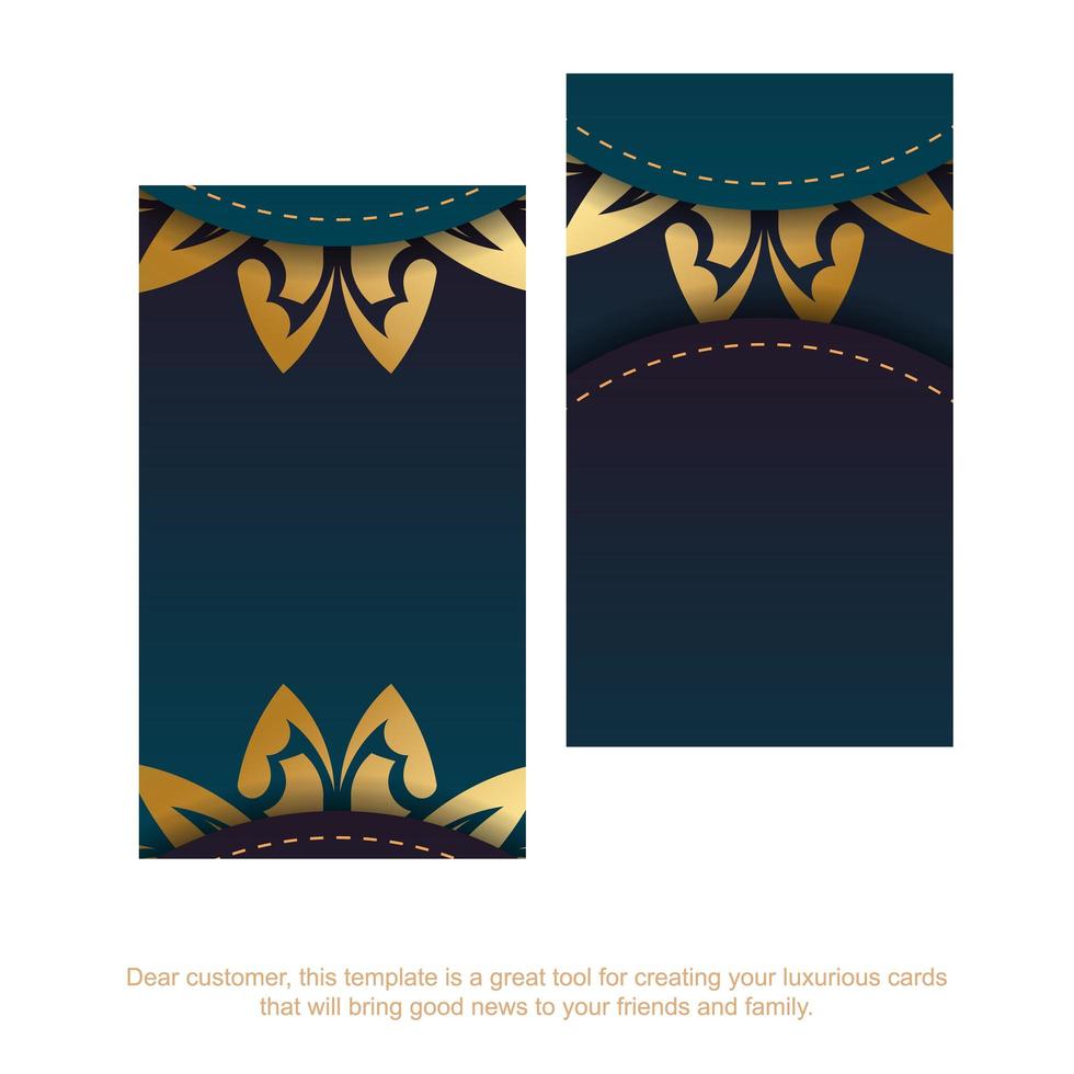 Business card with gradient blue color with vintage gold ornaments for your personality. vector