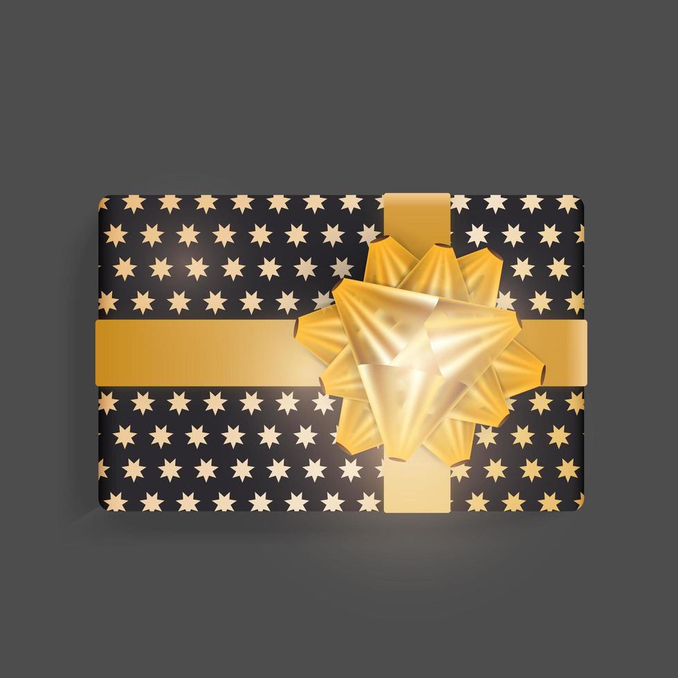 Black gift box with a pattern of gold stars. Gold ribbon bow. Beautiful realistic gift box template for birthday, Christmas, new year design. Top view vector illustration