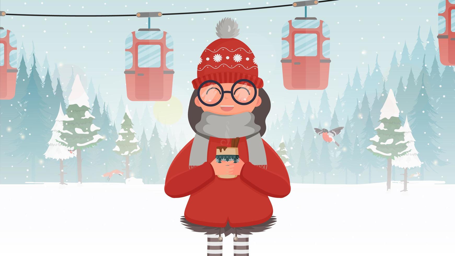 una chica vestida de rojo sostiene una bebida caliente. teleférico con remolques en el bosque de invierno. vagón de funicular. el bosque está con ciervos y nieve. estilo de dibujos animados ilustración vectorial vector