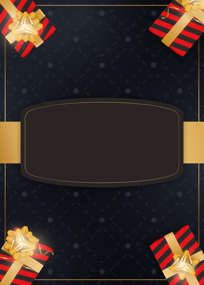 Festive dark background with gifts and place for text. Realistic gift boxes with gold ribbons and bow. View from above. illustration. vector