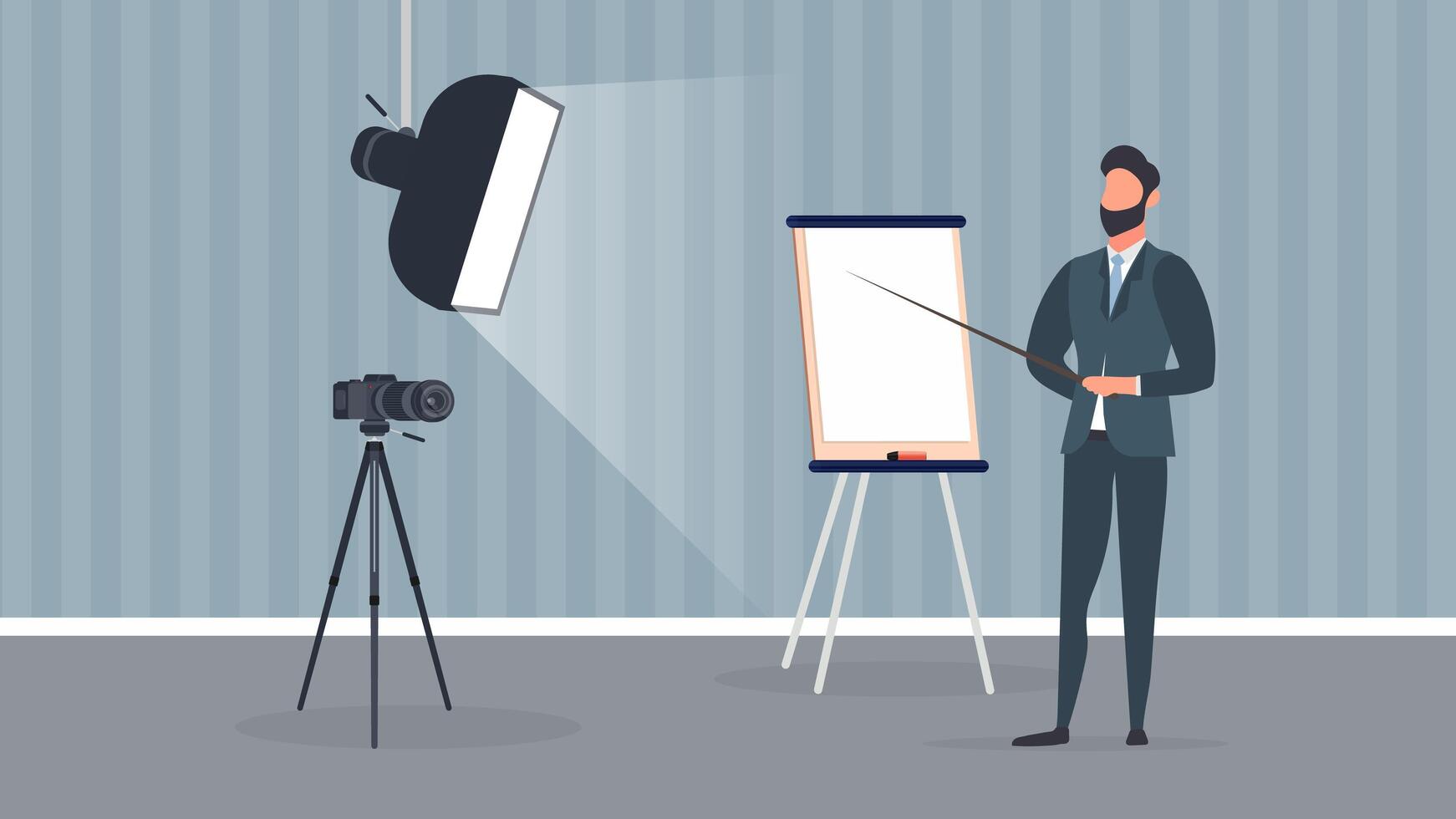 A man in a business suit with a tie is giving a presentation to the camera. The teacher is writing a lesson. The concept of blogging, online training and conferences. Camera on a tripod, softbox. vector