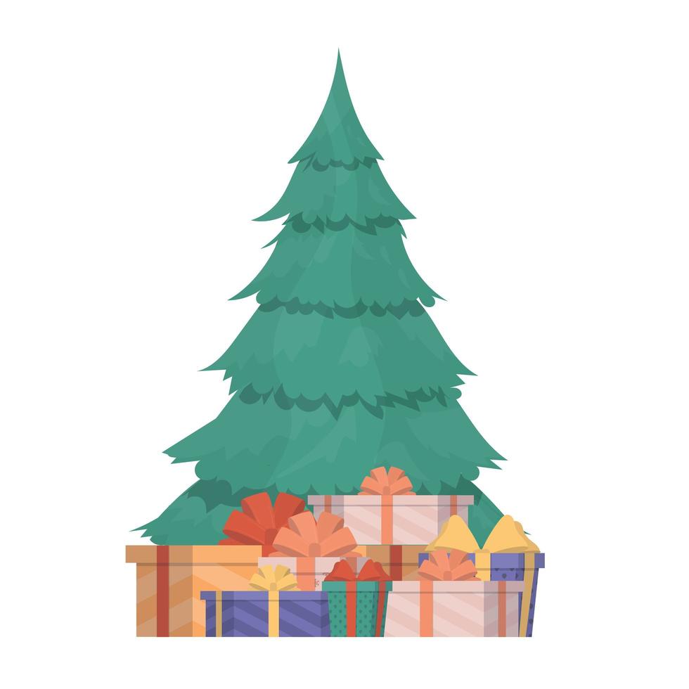 banner de año nuevo con árbol de navidad y regalos. árbol de coníferas verde. regalos debajo del árbol. vector. vector