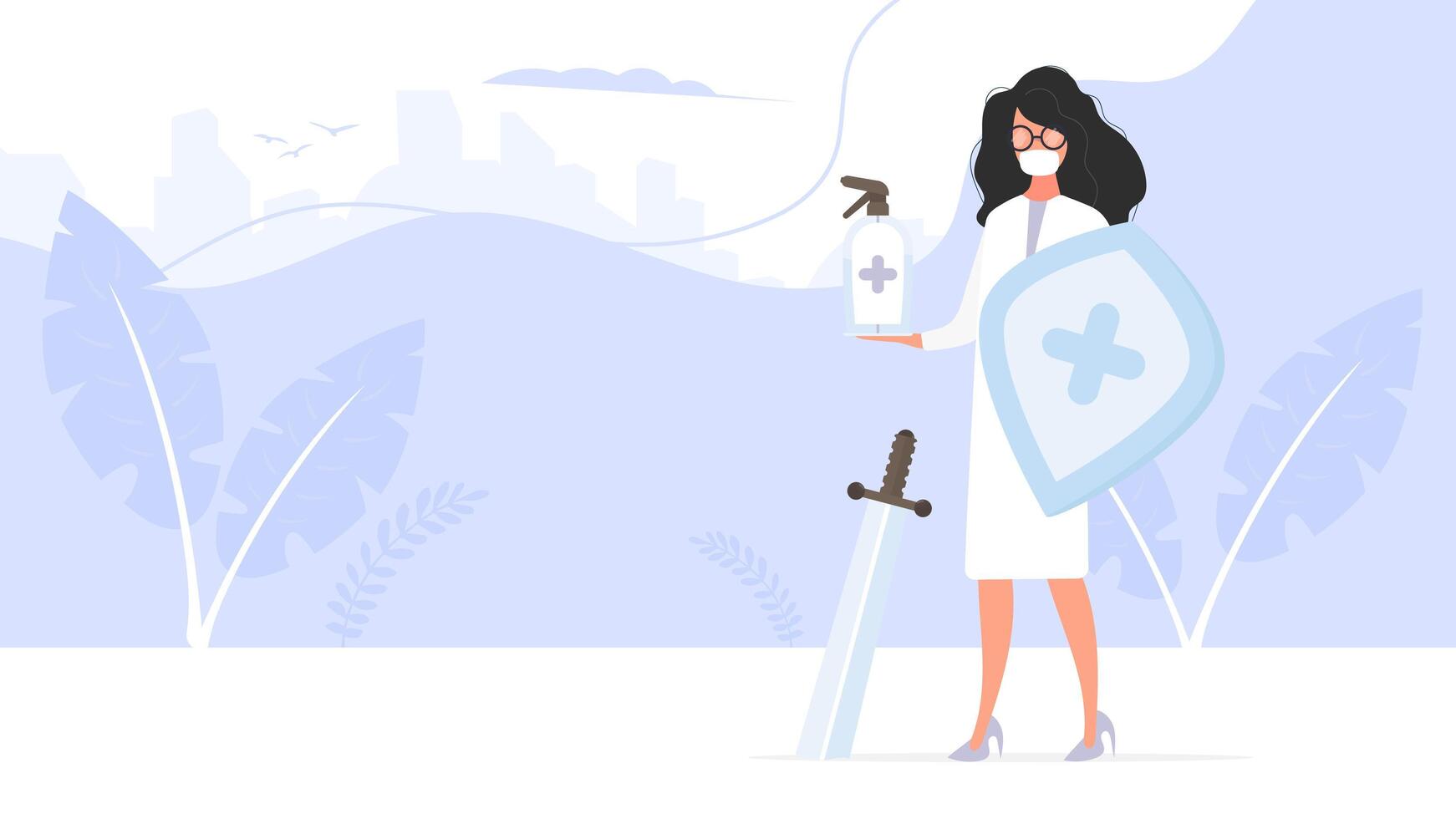 Medic girl in a white suit with a shield and a sword. Female doctor in a medical mask holds a nebulizer. Disinfectant in flat style. . vector