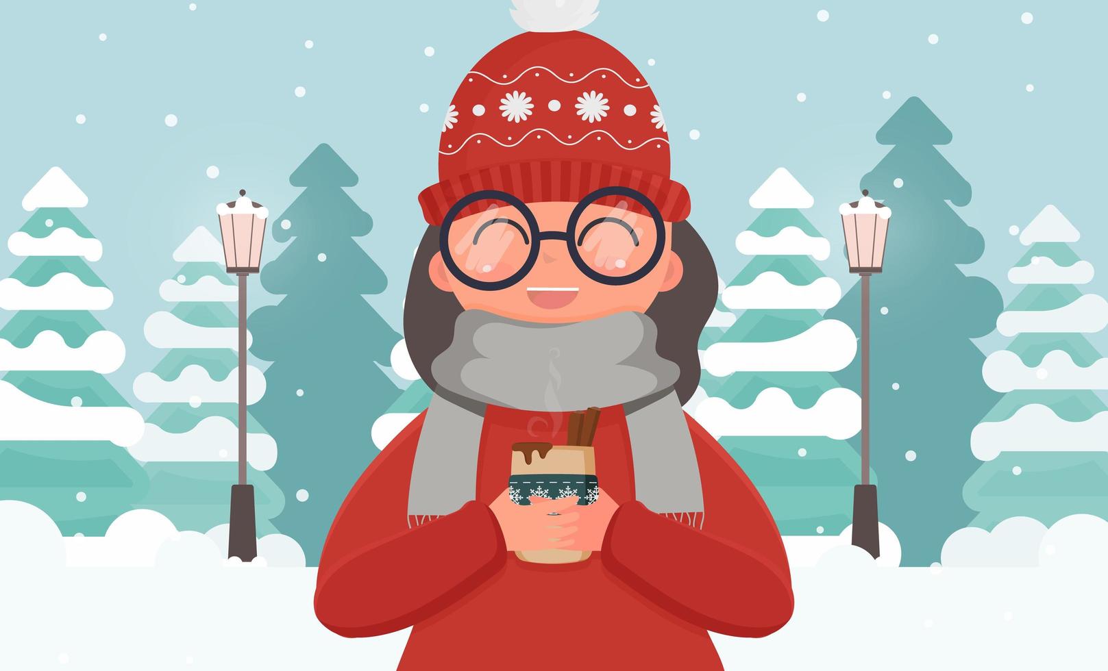 A girl in warm clothes holds a hot drink in her hands. Winter forest with fir trees. Vector. vector