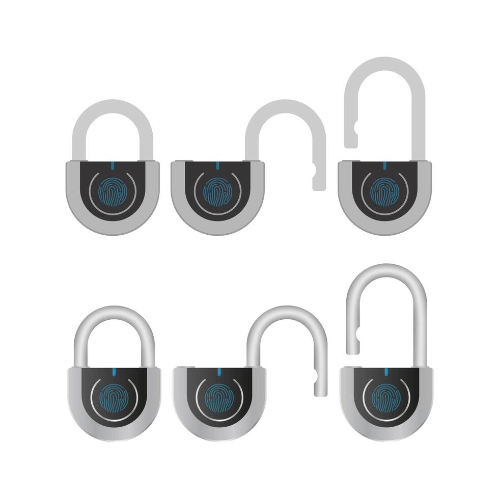 Set of padlocks with fingerprint scanner. A modern padlock is opened with a fingerprint. Isolated. Vector. vector