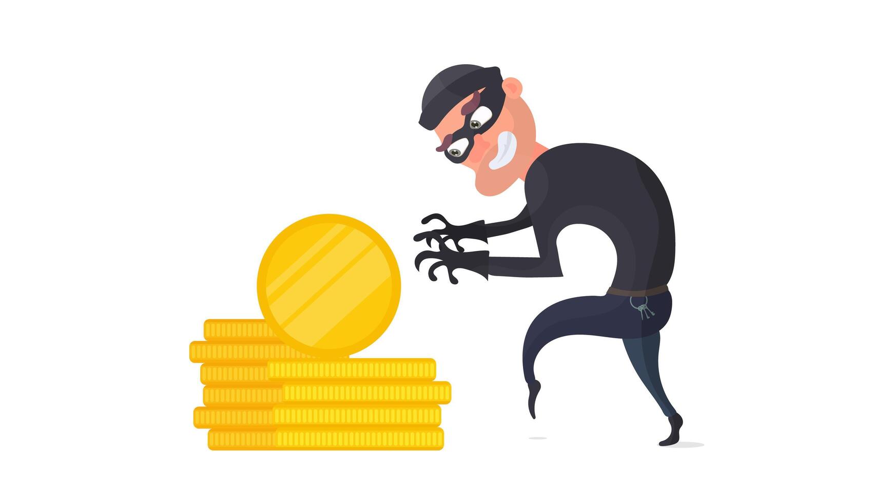 ladrón y una montaña de monedas de oro. un criminal roba monedas de oro. concepto de seguridad de robo y finanzas. estilo plano, vector. vector