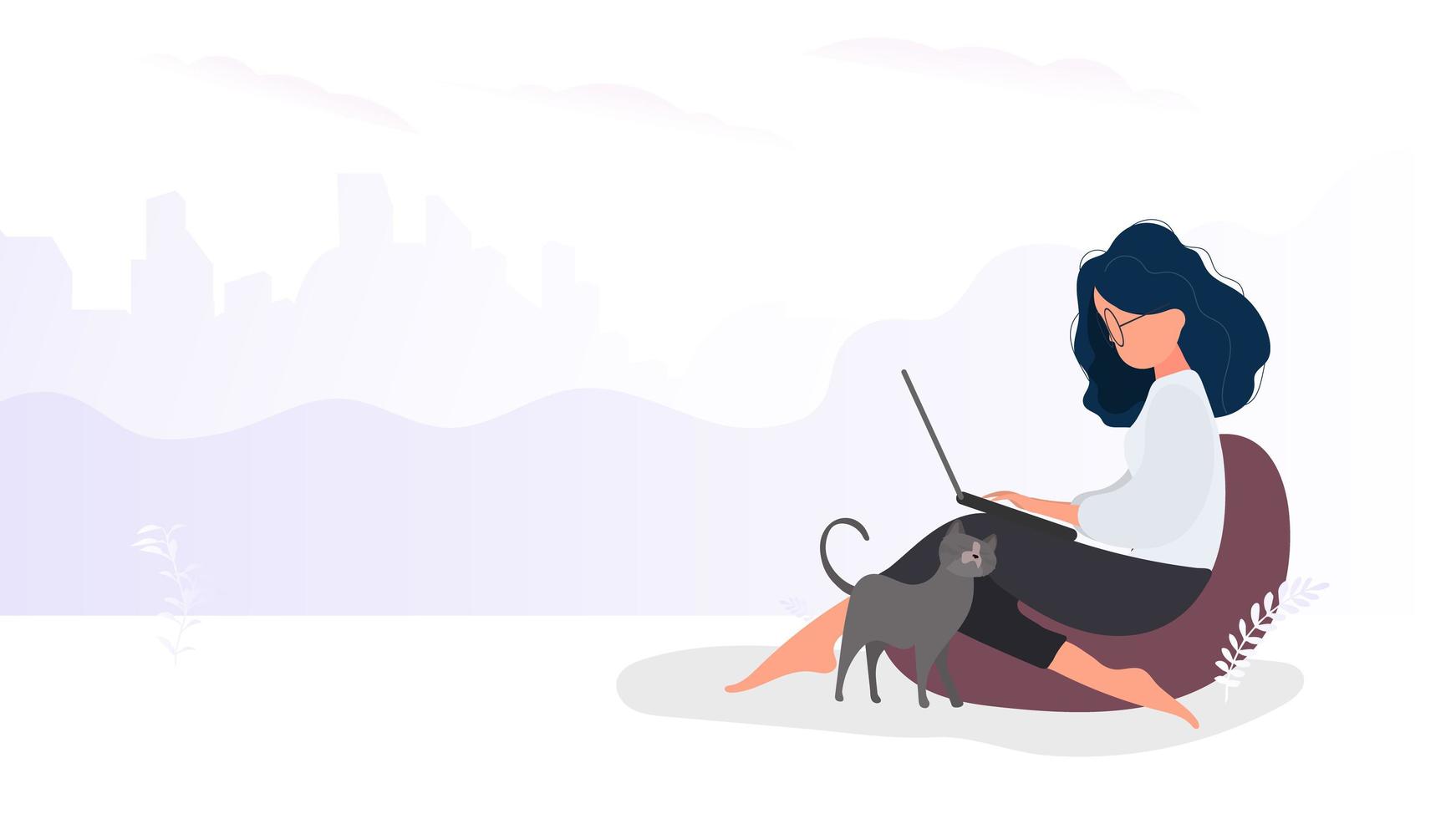 The girl sits on an ottoman and works at a laptop. A woman with a laptop sits on a large pouf. The cat rubs against the girl's leg. Vector. vector