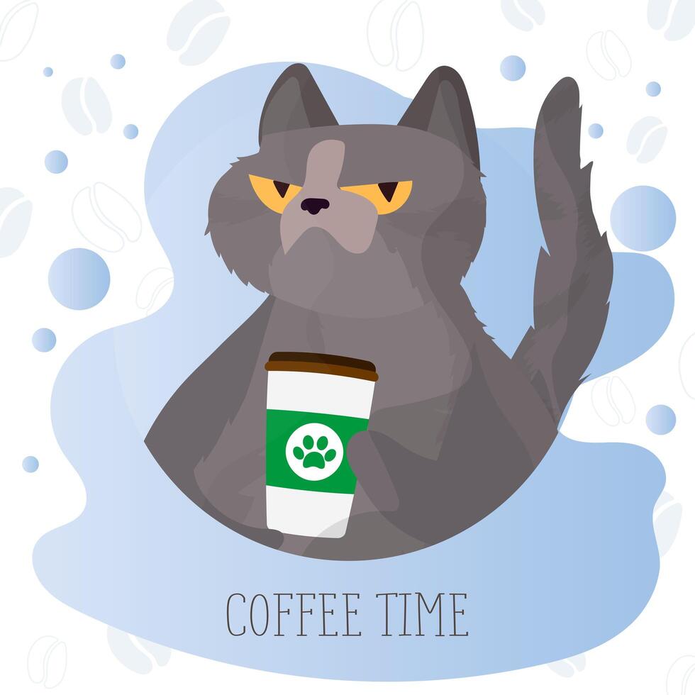 Vector coffee time postcard. Cat with a sleepy look holding a paper cup of coffee.