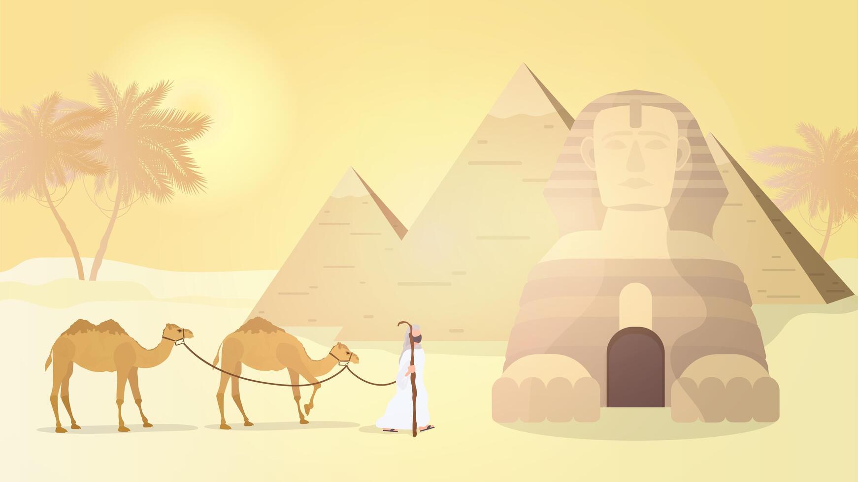 A shepherd leads camels through the desert. Egyptian pyramids, sphinx. Vector. vector