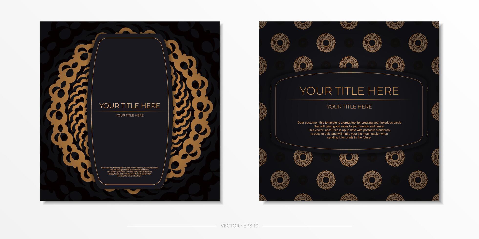 Dark black gold postcard template with white Indian mandala ornament. Elegant and classic elements ready for print and typography. Vector illustration.