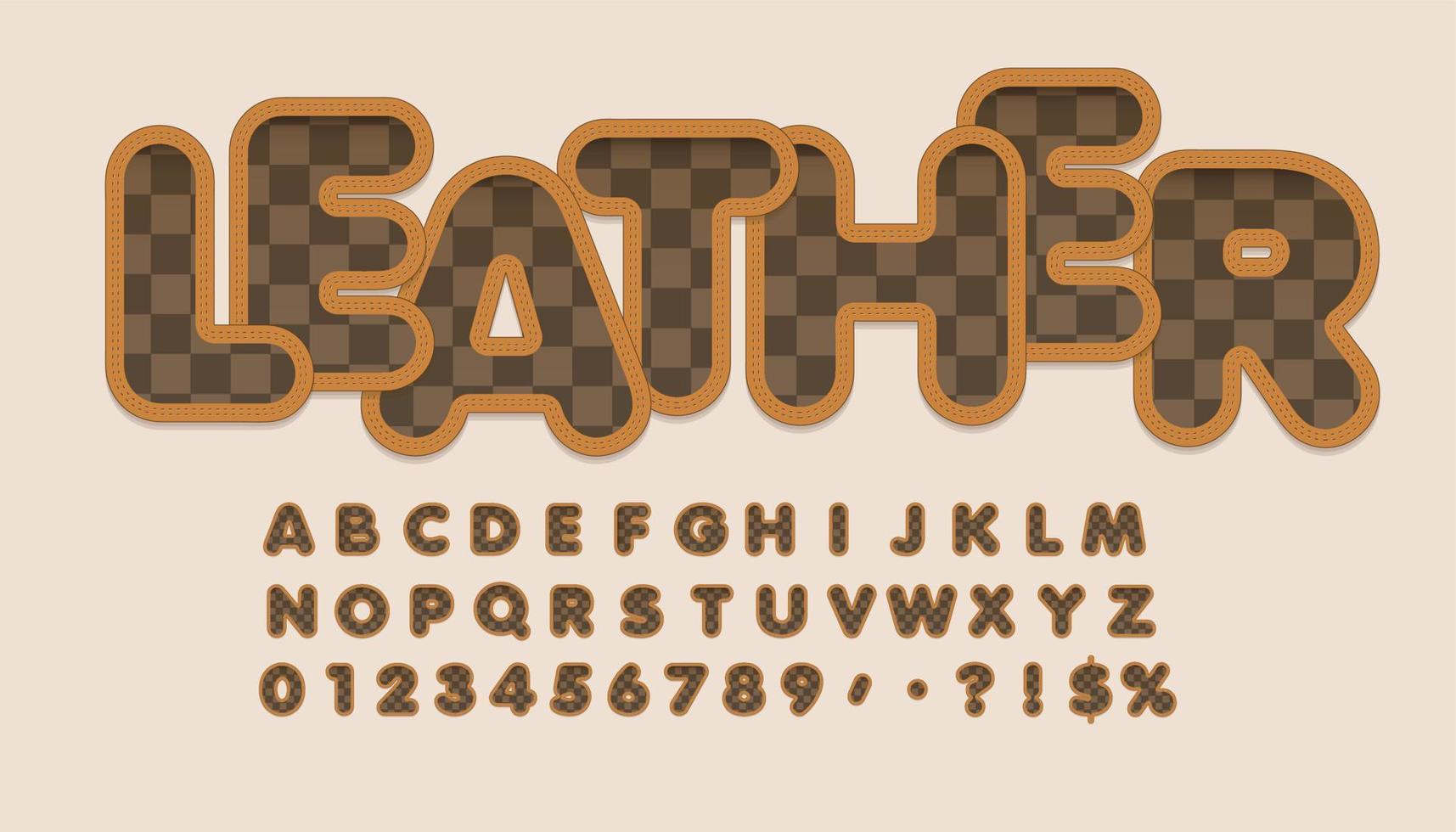 diseño de fuente estilo cuero, letras del alfabeto y números. vector