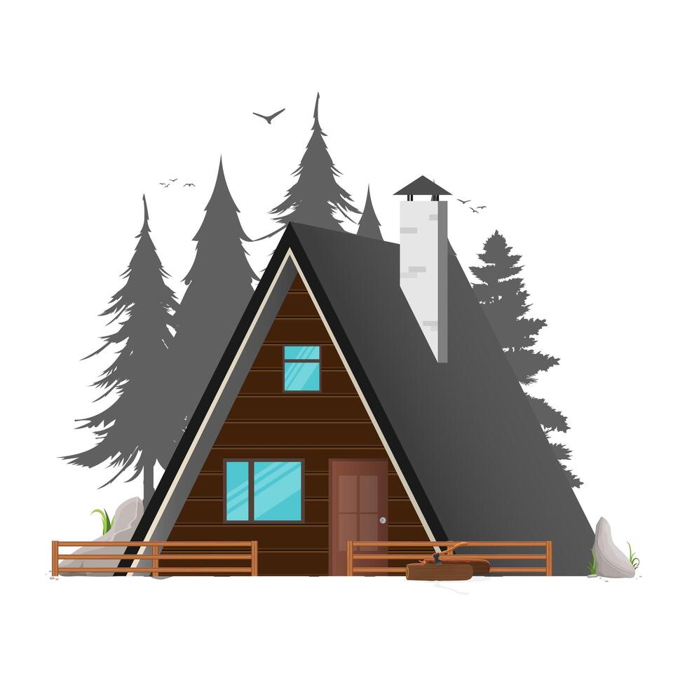 Vacation home. House for giving and rest. Forest silhouette. Silhouette of trees and birds. Isolated. . vector
