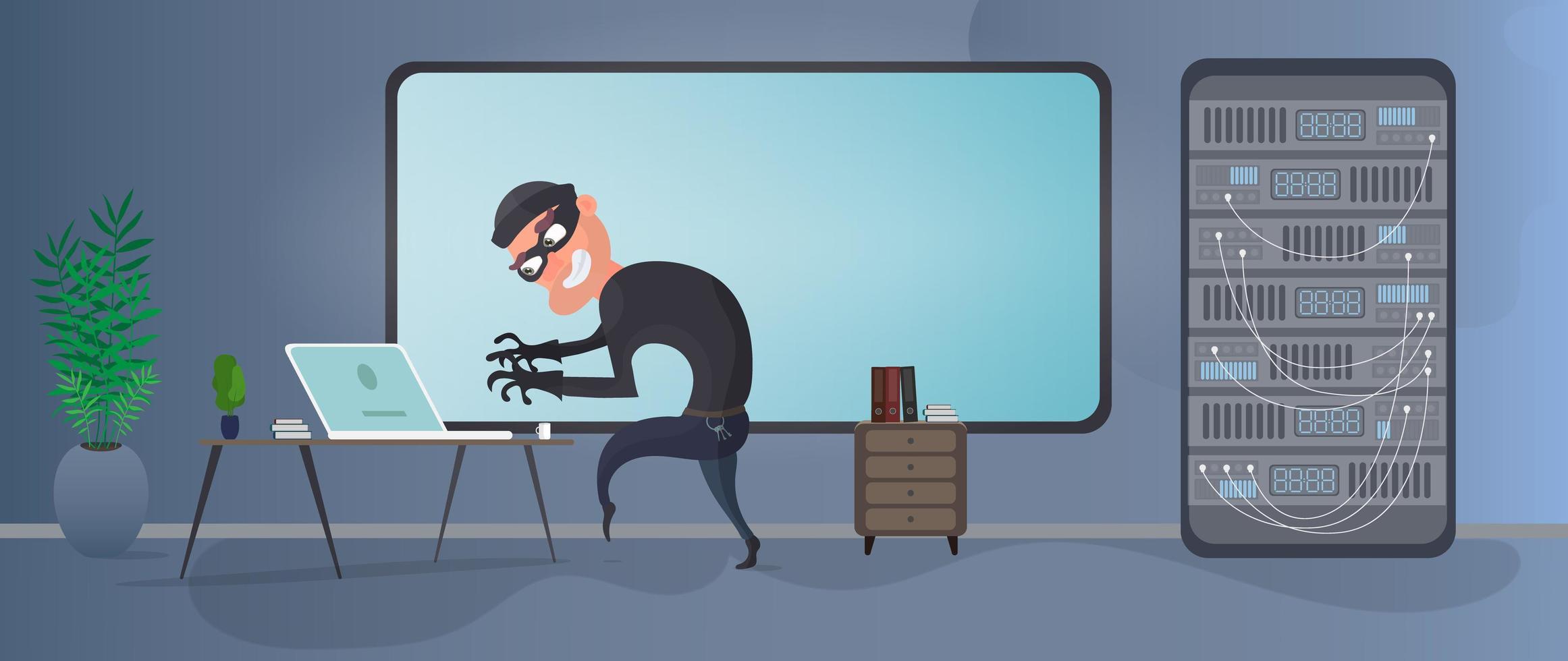 A thief is trying to get a server. A masked burglar steals data. The criminal got into the office. The concept of security and data protection. Isolated. Vector. vector