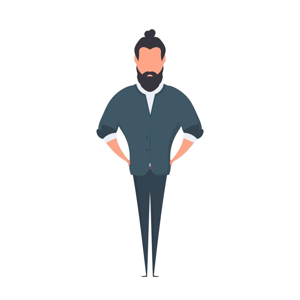 Bearded businessman in cartoon style. The man holds his hands on his belt. Isolated. Vector. vector