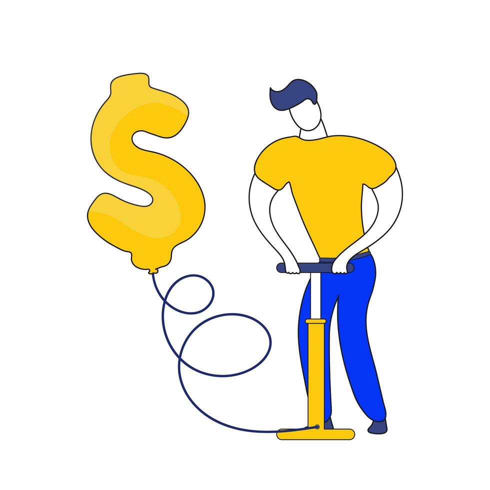 Businessman inflating a dollar ball with a hand pump. Business success and finance flat concept illustration. Man makes money. Financial, progress, achievement and marketing design element. vector