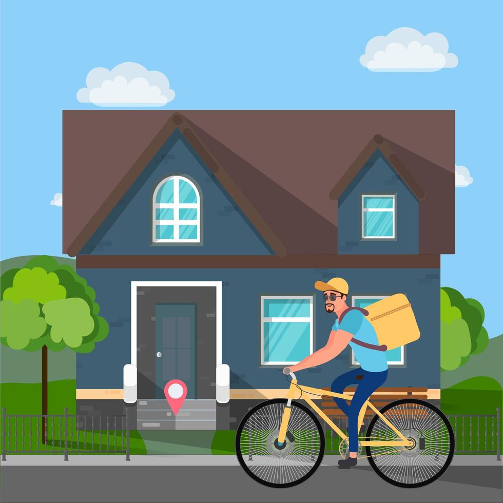 Food delivery man on a bicycle. Home delivery food. Vector illustration