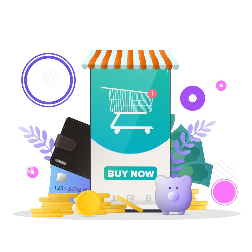Phone with online store application. Buy button. Shopping basket, new order. Online shopping and payment concept. Vector. vector