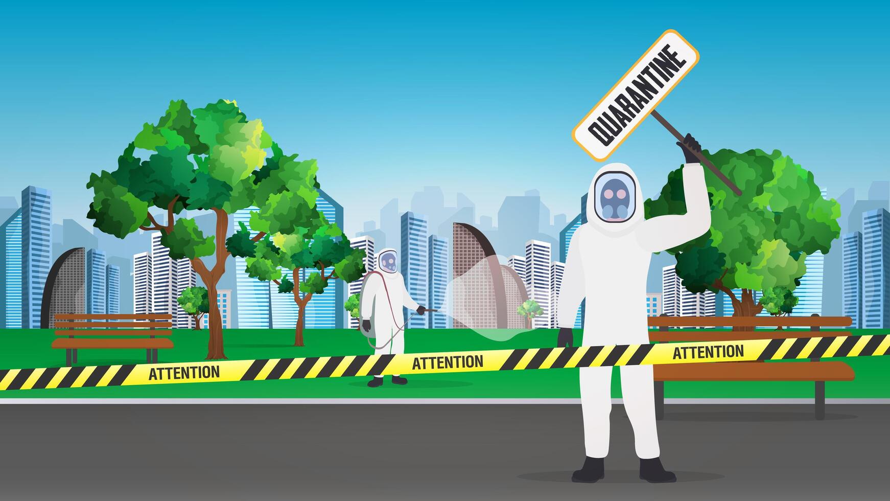 A man in a white suit holding a sign that says quarantine vector