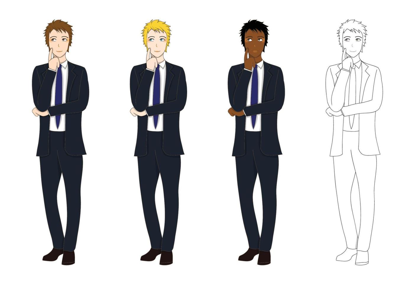 Set Handsome Business Man Thinking to Make Decision. Full Body Vector Illustration