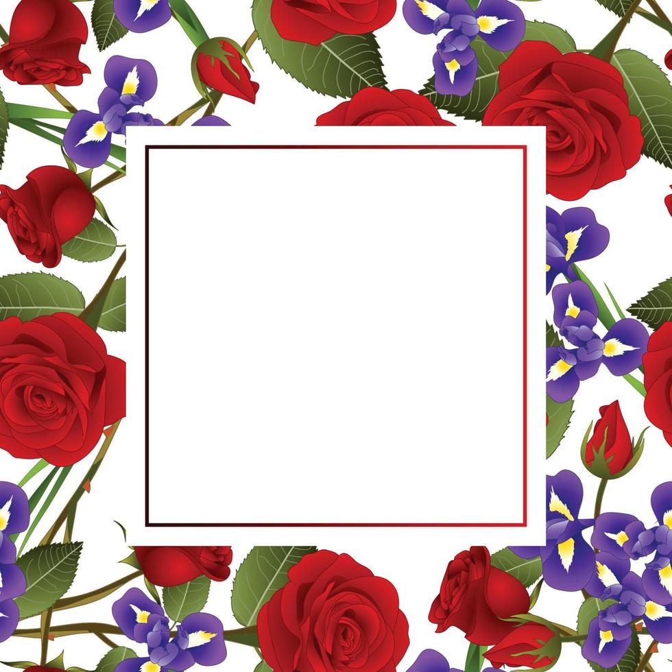 tarjeta de banner de flor de rosa roja y iris vector