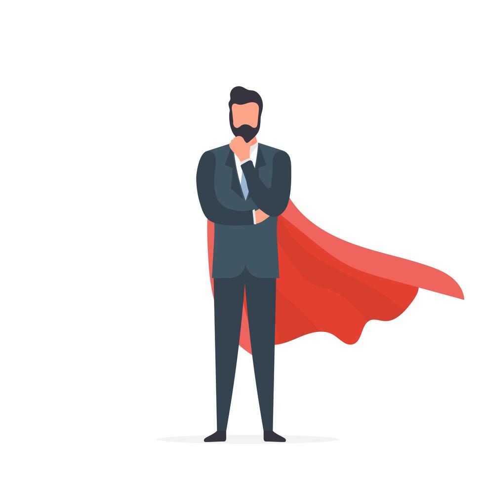 Businessman with a red cloak isolated on a white background. A man in a suit ponders an idea. The concept of a successful entrepreneur. . vector