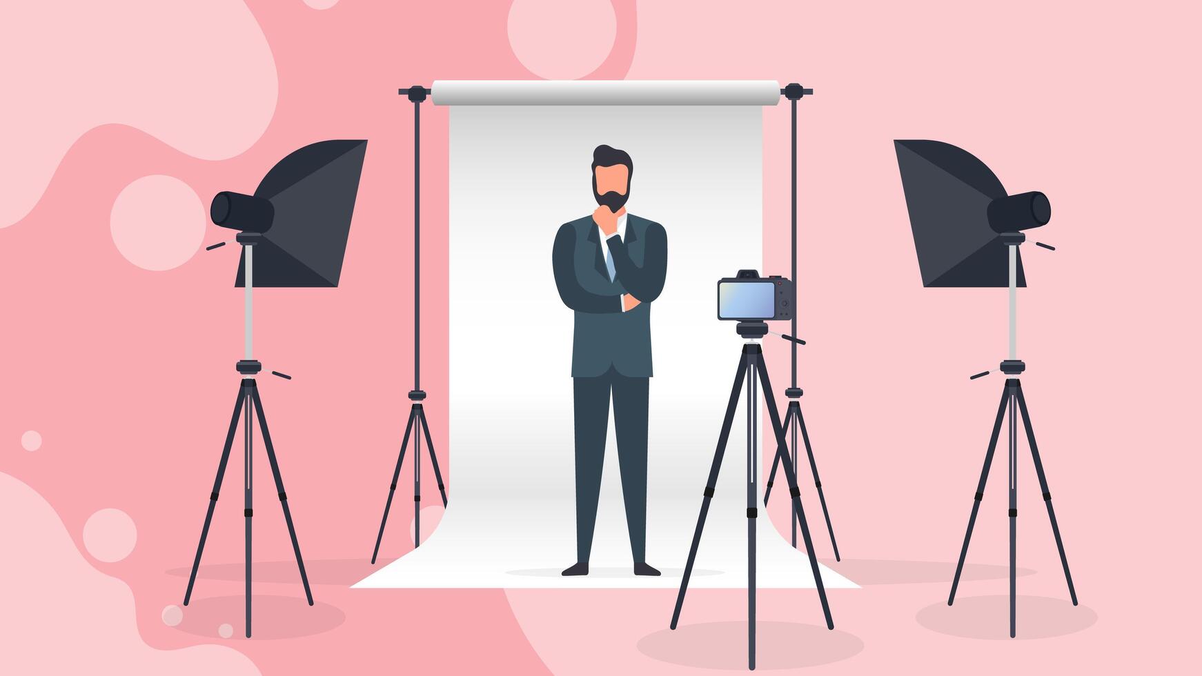 Photo Studio Vector. A man in a business suit poses for the camera. White canvas background on tripods. Camera on a tripod, softbox. Professional photo studio. vector