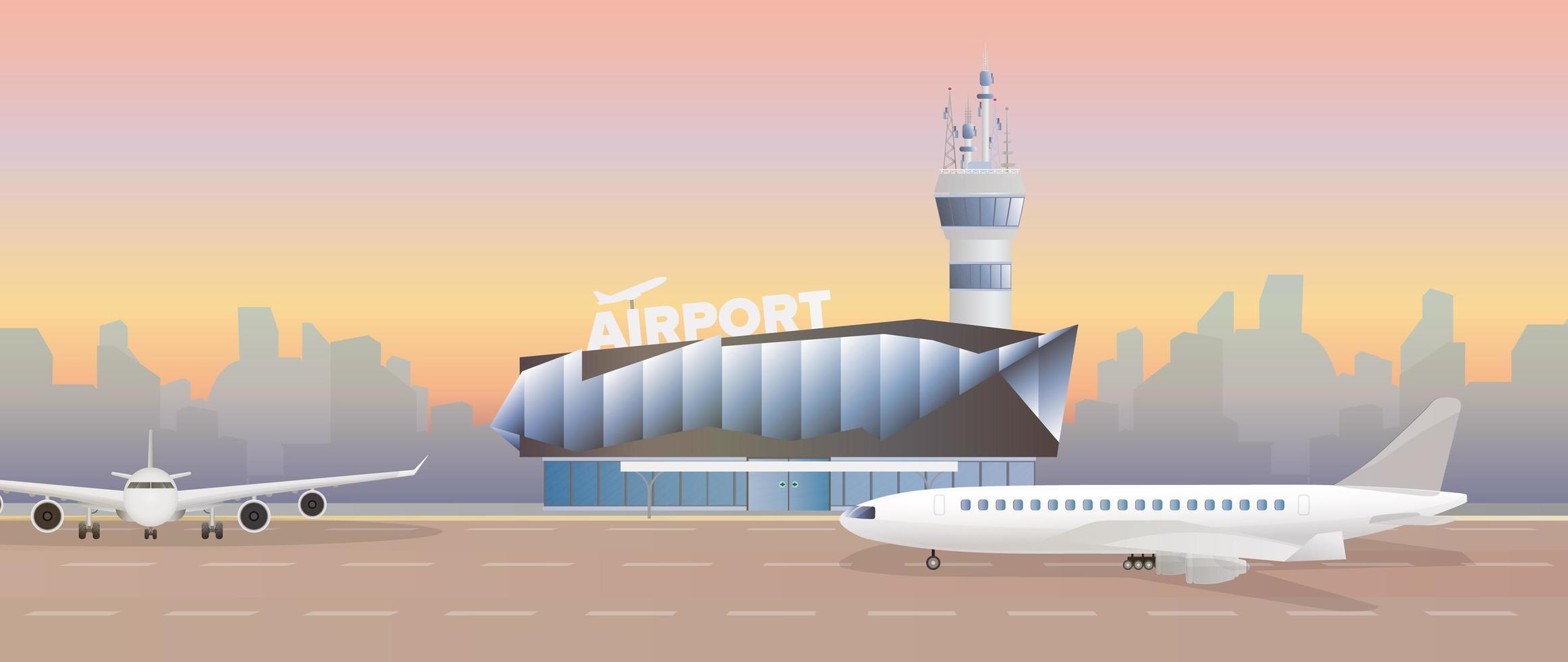 Modern airport. Runway. Airplane on the runway. Airport in a flat style. City silhouette. Vector illustration