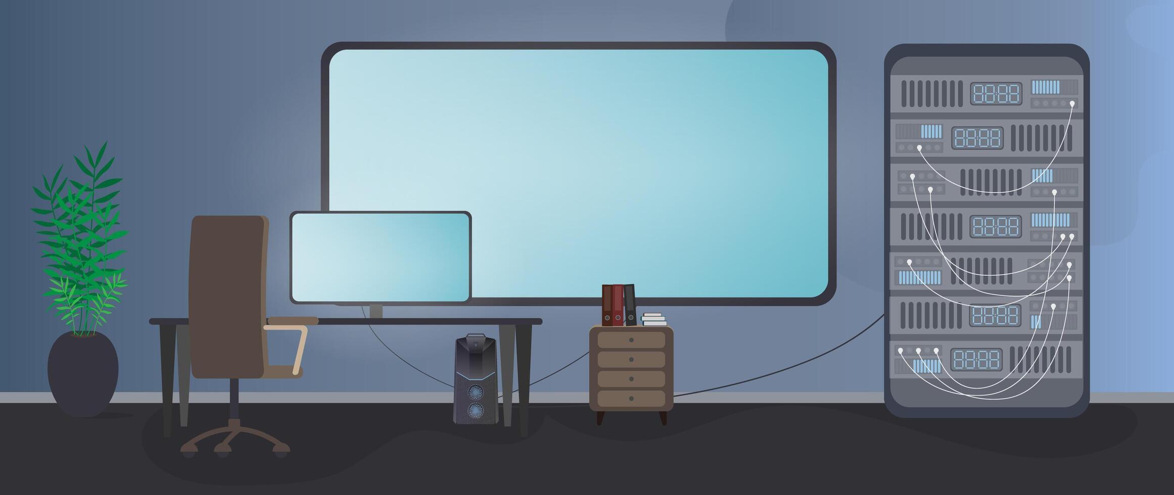 Security room. Computer, monitor, table, chair, large screen, data server. Workplace of the security service. Cartoon style. . vector