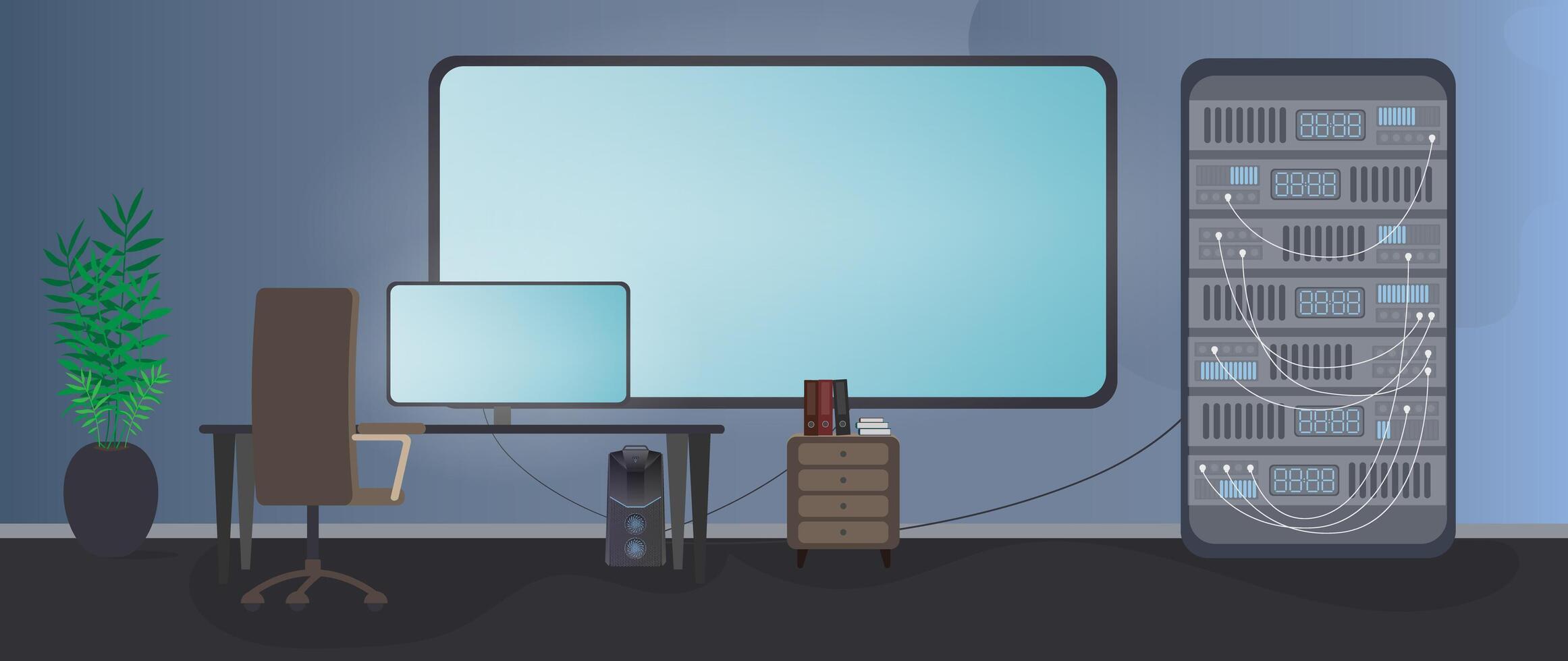 cuarto de Seguridad. computadora, monitor, mesa, silla, pantalla grande, servidor de datos. lugar de trabajo del servicio de seguridad. estilo de dibujos animados vector. vector