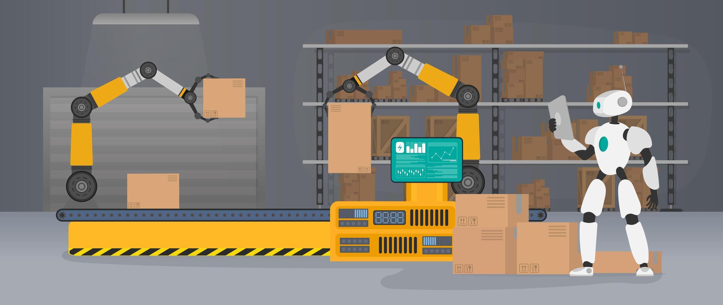 The robot stands with cardboard boxes near the conveyor line. Conveyor system in flat design. . vector