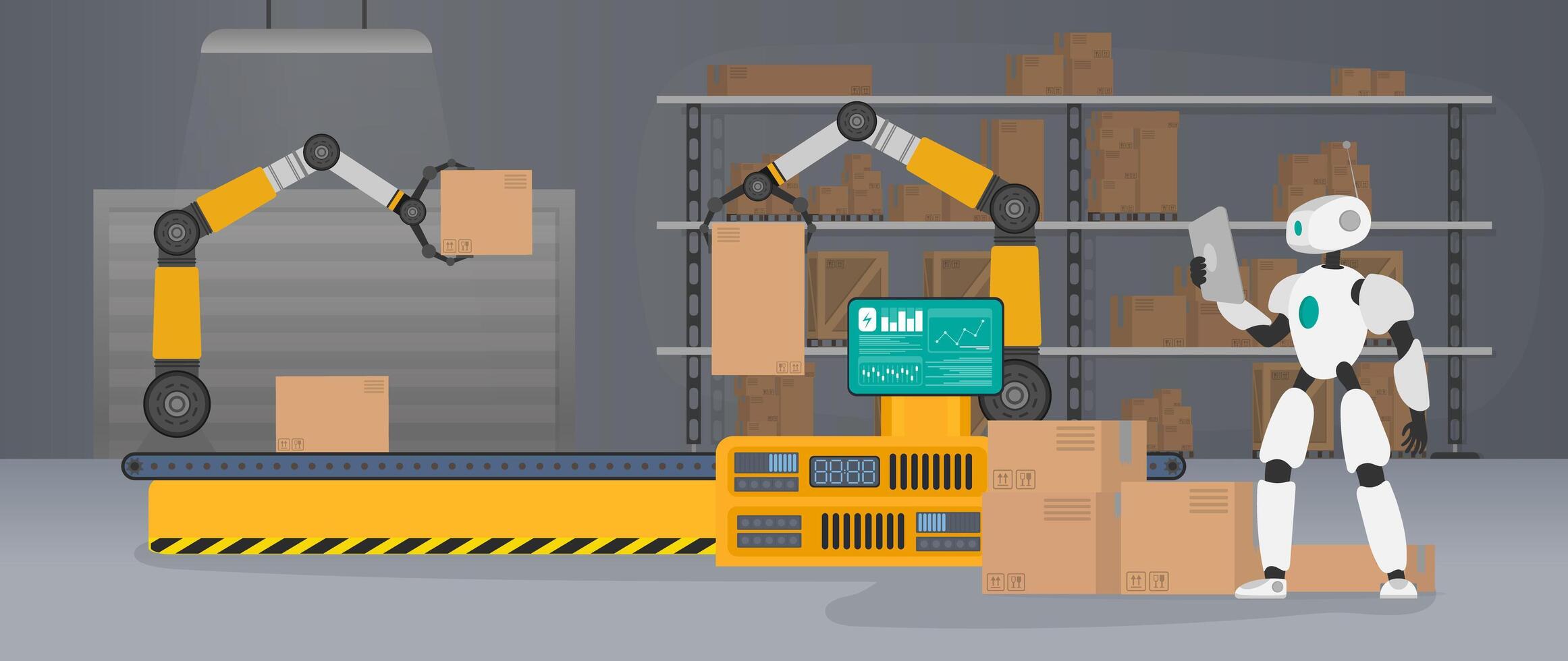 The robot stands with cardboard boxes near the conveyor line. Conveyor system in flat design. Vector. vector