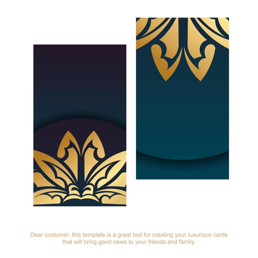 Business card with gradient blue color with vintage gold ornament for your contacts. vector