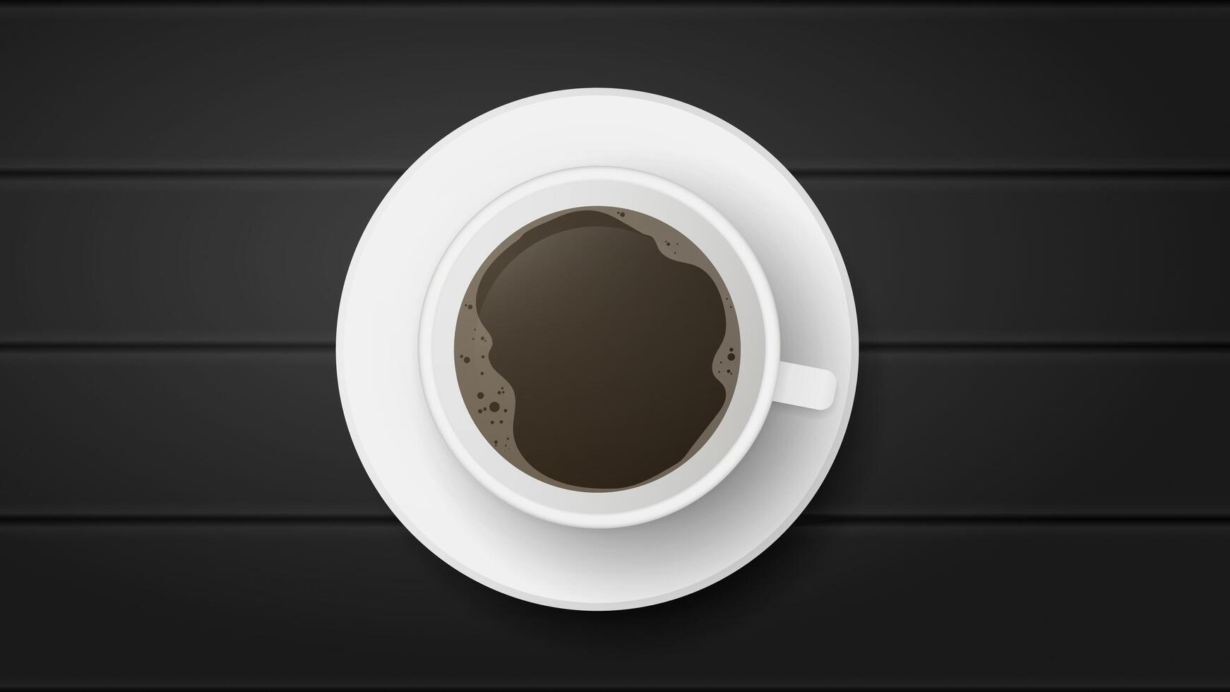 Cup of coffee on the table top view. White cup with a coffee drink in the center of the picture. Black background. Espresso, Americano. Vector illustration.