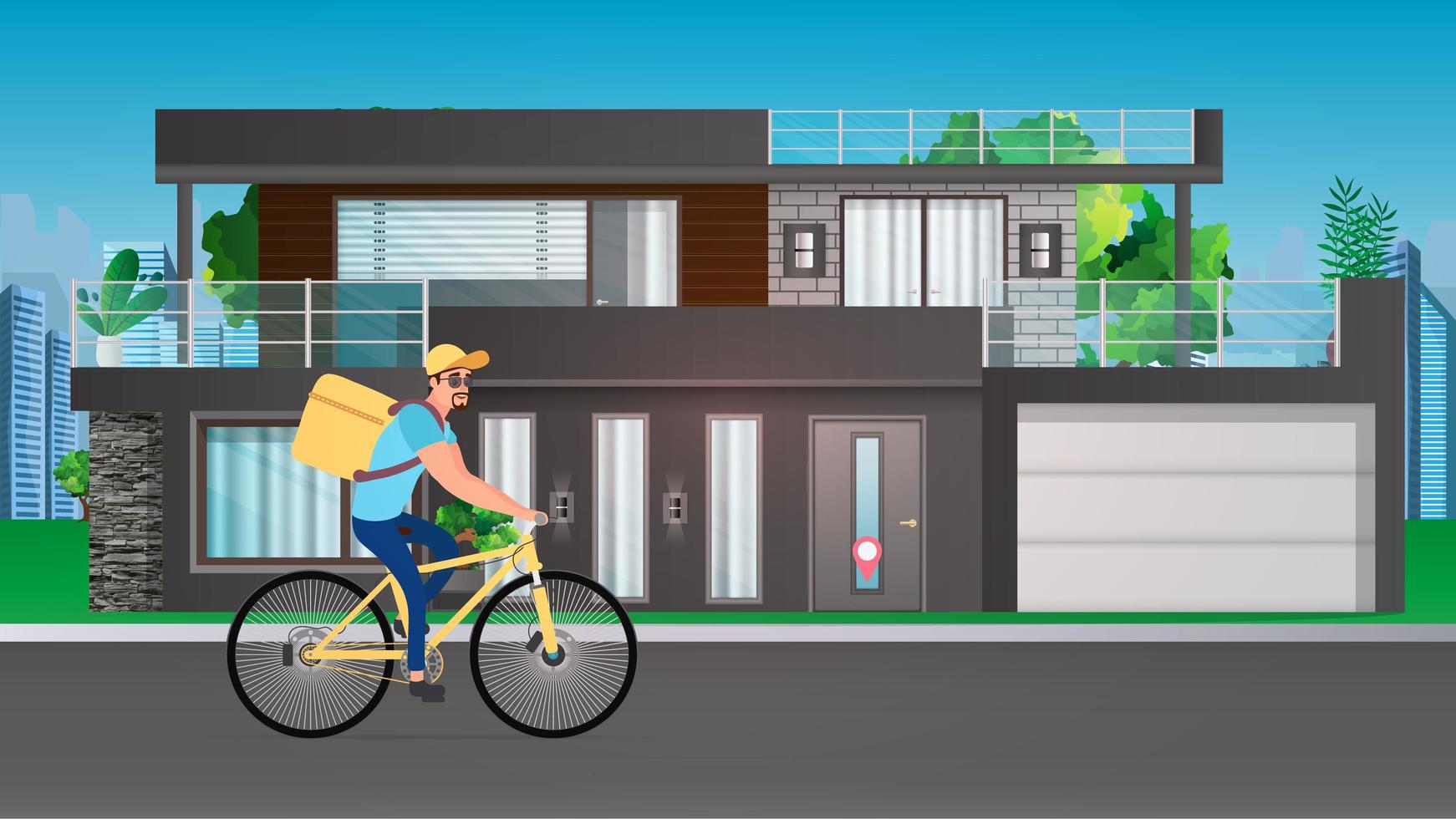 Food delivery man on a bicycle. Home delivery food. Vector illustration