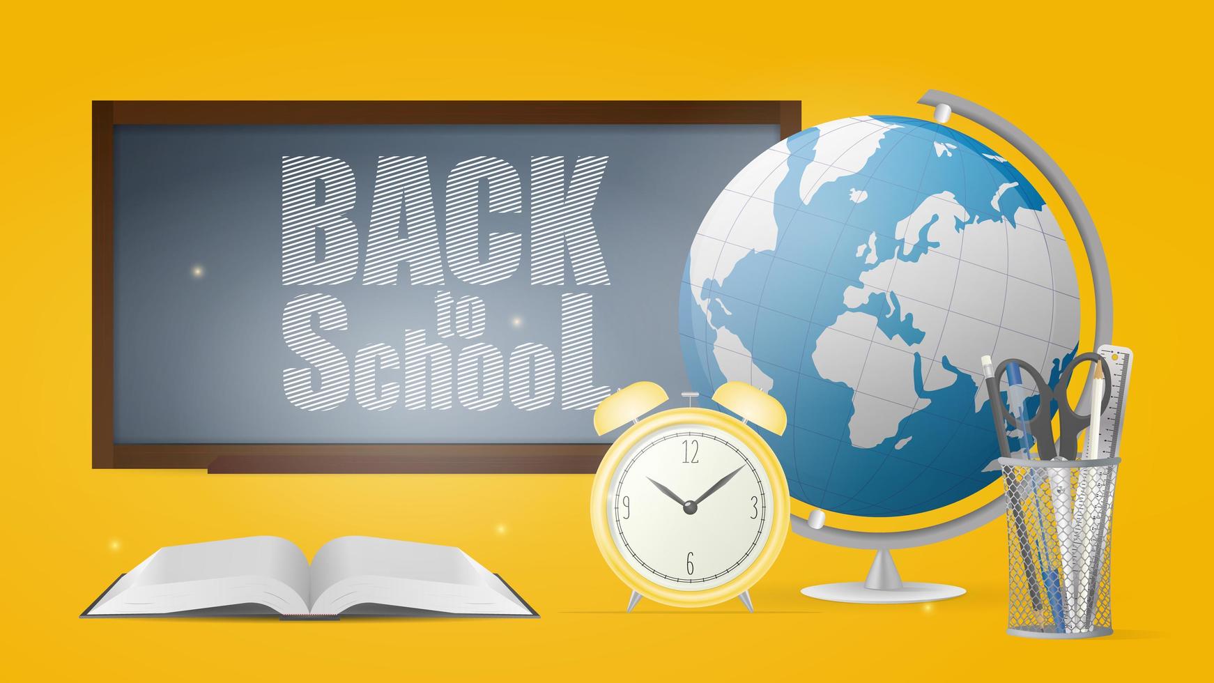 Back to school banner. Chalk board, metal stand for pens, pencils, scissors, ruler, old yellow clock, globe and open book. Vector illustration