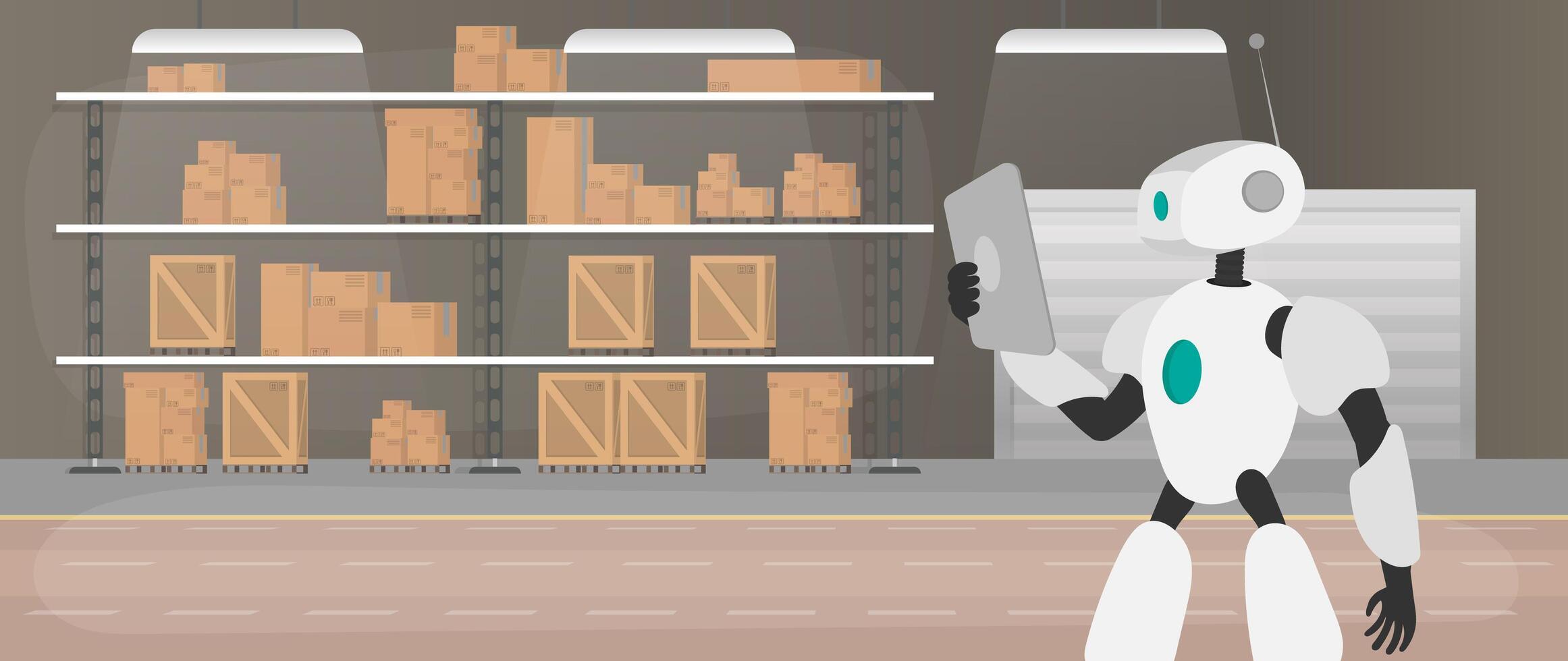 A robot is standing in front of a warehouse with boxes on shelves vector