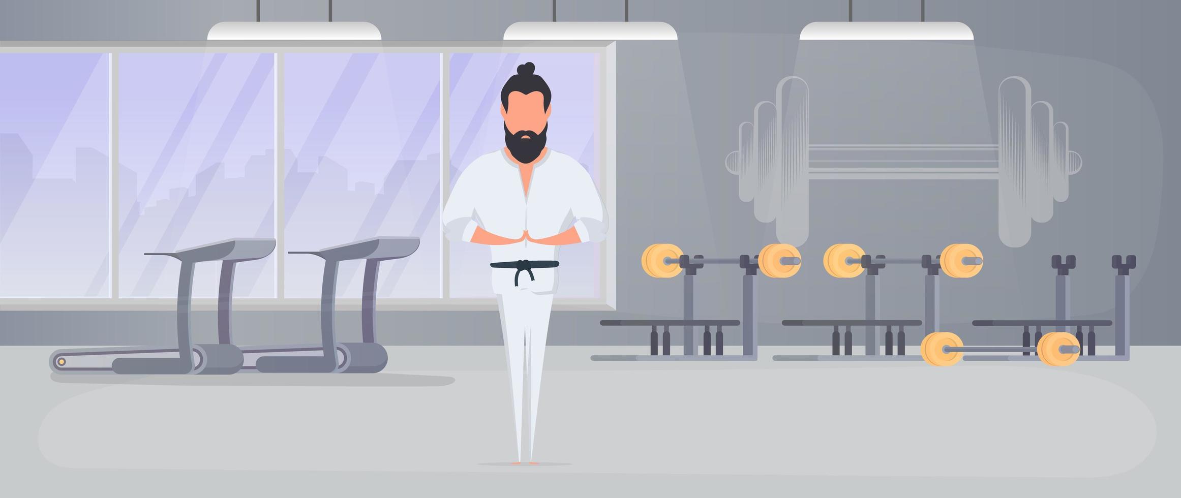 A man in a white kimono meditates. Kung Fu Master. The guy is doing yoga. Vector. vector